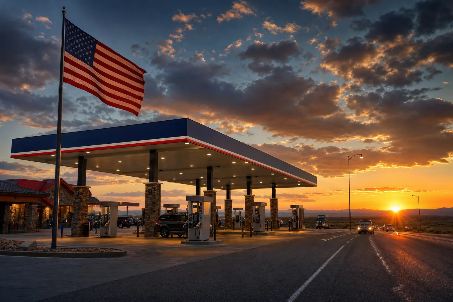 Petro USA travel center canopy at dusk with an American flag flying beside the fuel pumps