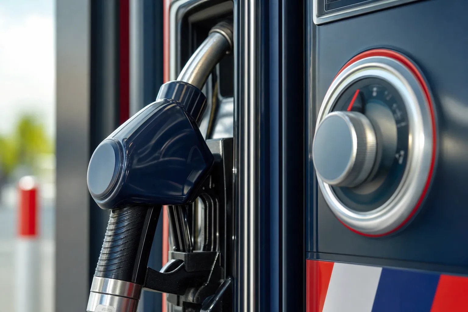 Close-up of a Petro USA fuel pump nozzle and gauge in navy and red