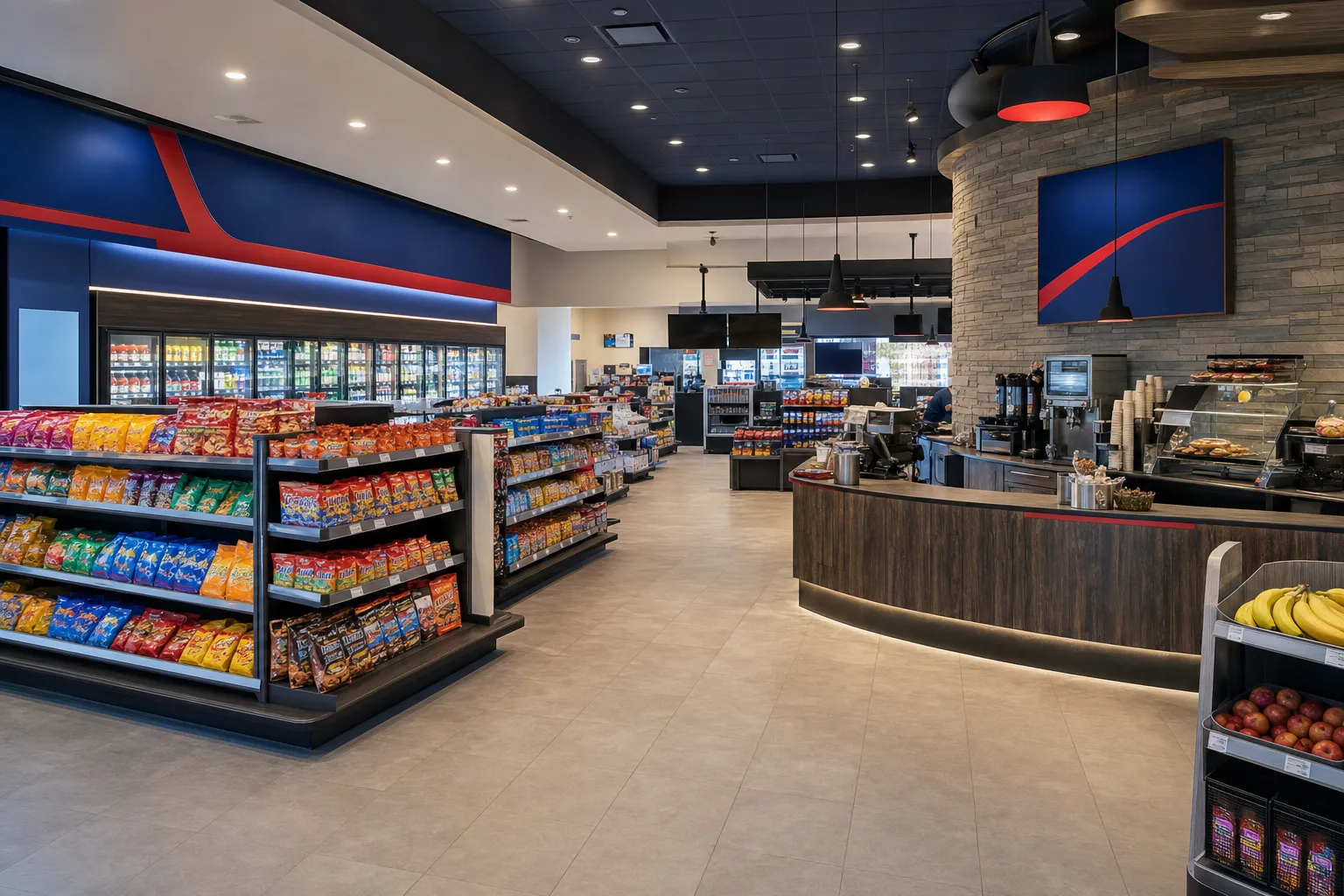 Bright, well-stocked Petro USA convenience store interior with snacks and a coffee bar