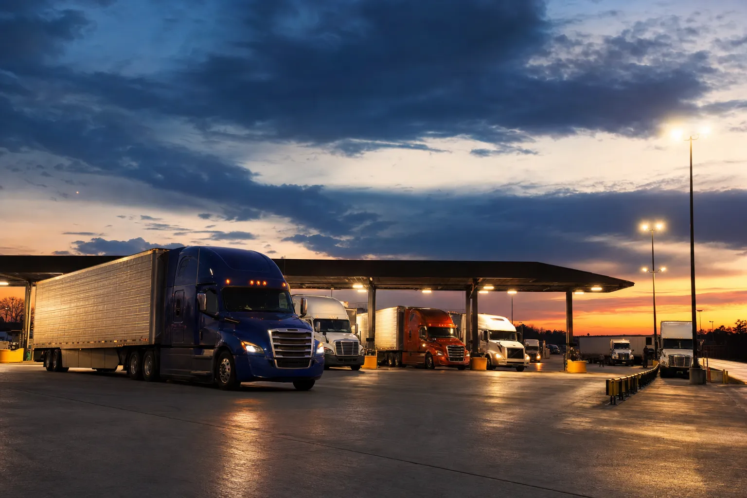 Semi trucks fueling at a Petro USA diesel lane at dusk